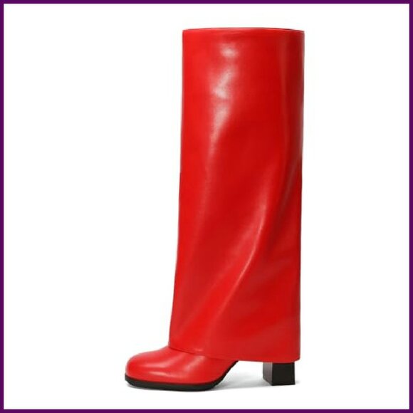 Knee High Boots Fold Over Chunky Heels Zipper Round Toe Tall Boots - Picture 5 of 8